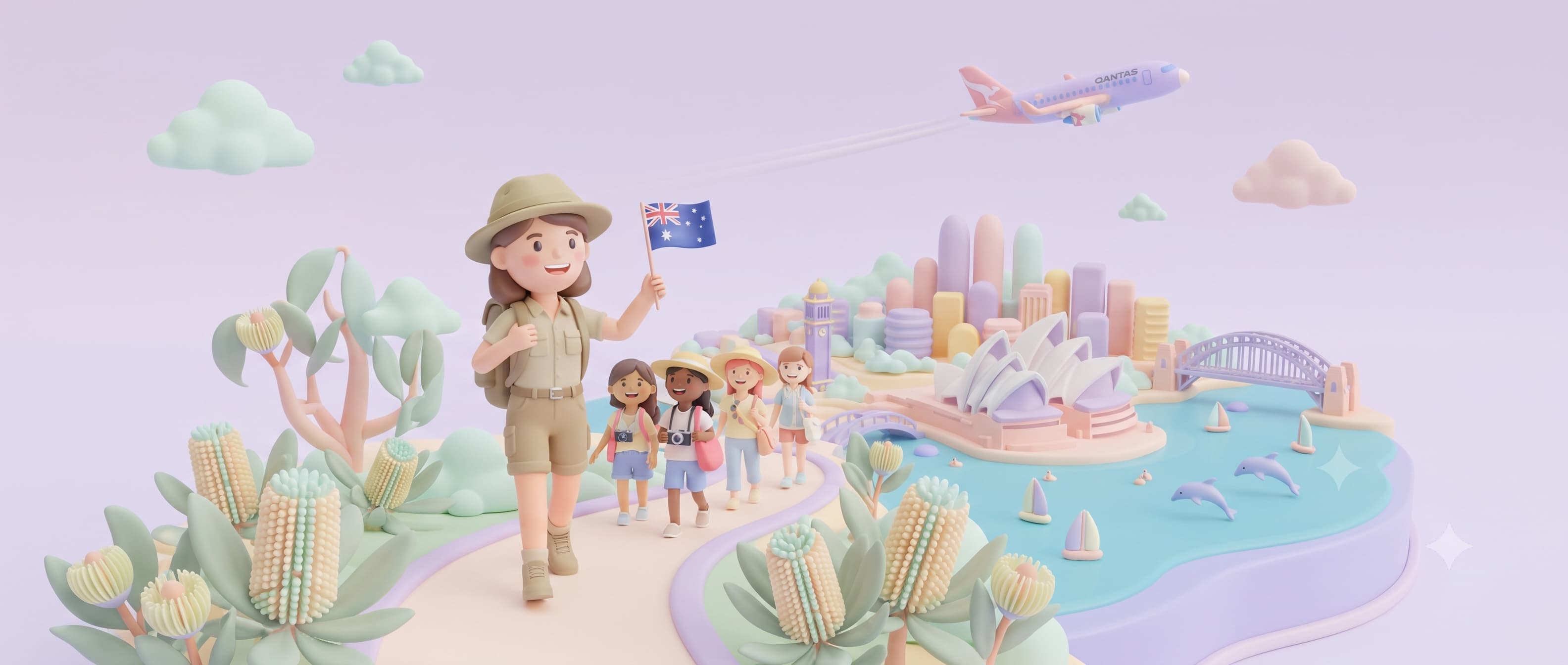 A clay-style guide leading a small group toward an Australian harbour city